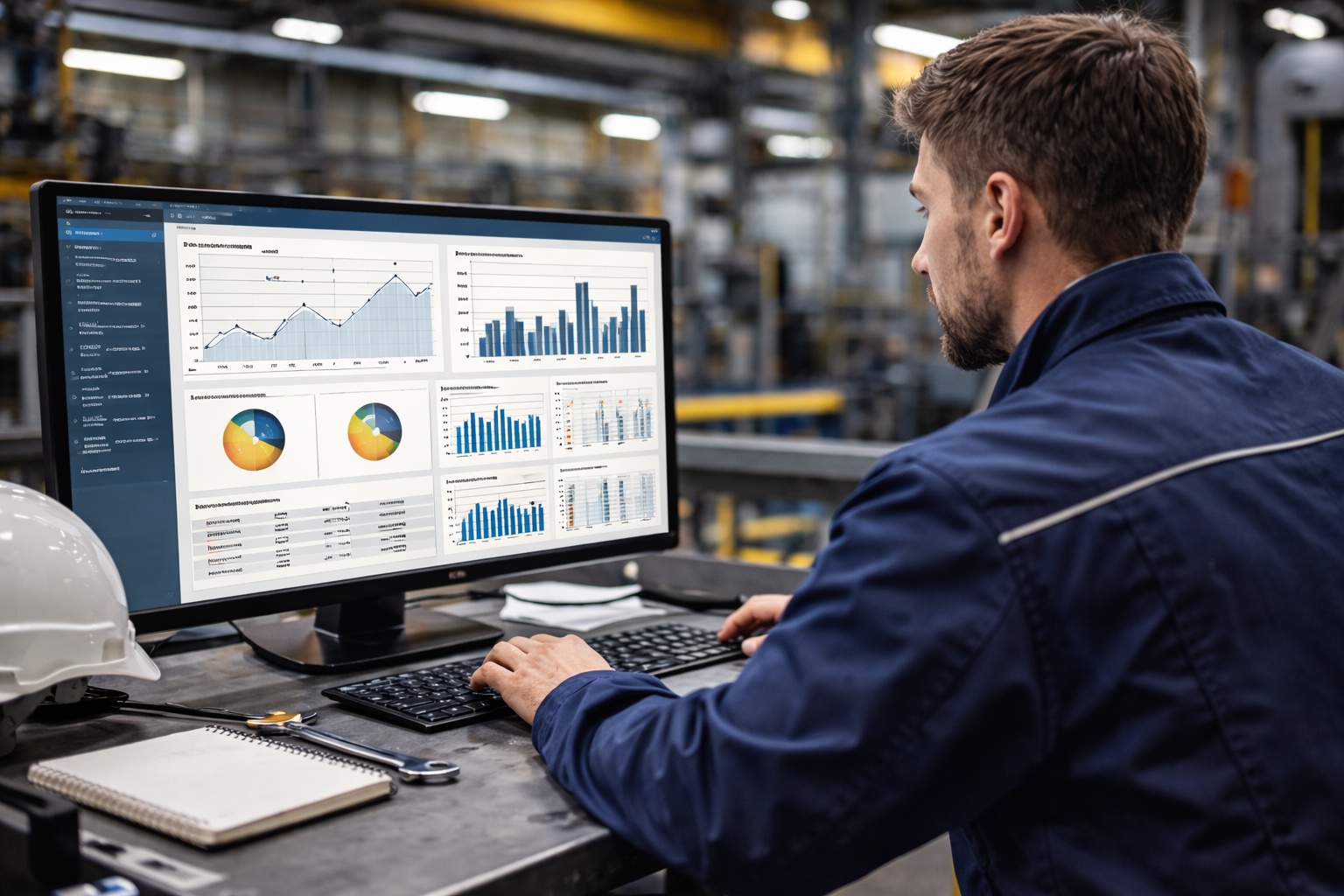 Ingénieur analysant des données de maintenance industrielle sur ordinateur dans une usine à Nantes