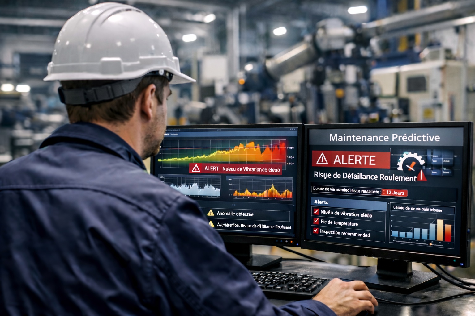 Ingénieur analysant des données de maintenance prédictive sur écran dans une usine en Loire-Atlantique